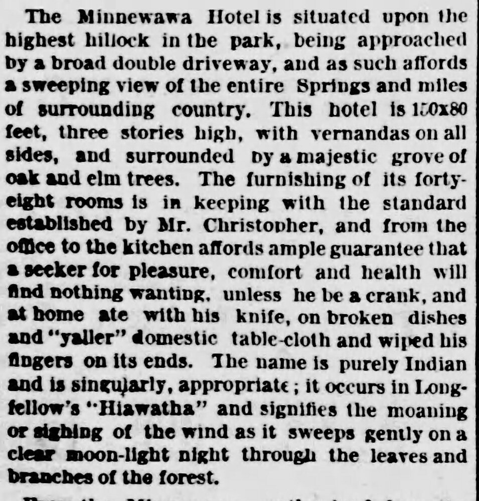 Description of the Hotel Minnewawa that J. H. Christopher constructed at Pertle Springs in 1886.