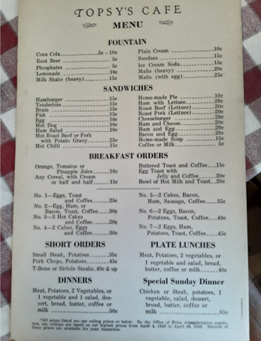 Topsy's Cafe Menu, Concordia, Missouri, 1943