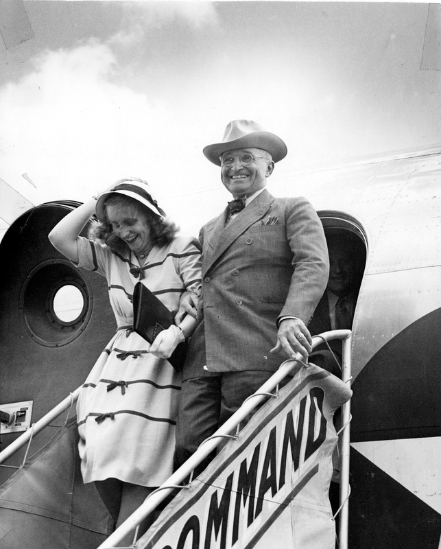 Margaret Truman, Harry Truman's daughter, greets the President at the Fairfax Airport in Kansas City, Kansas, for his first trip back to Jackson County as President of the United States.