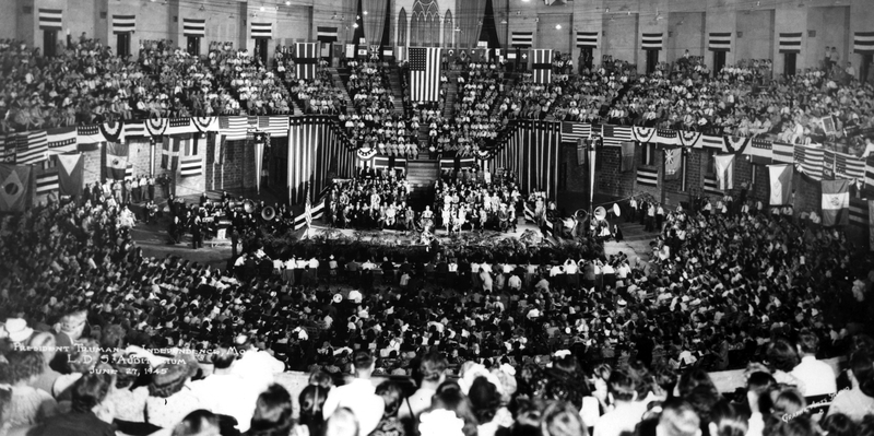 President Harry Truman speaking at the RLDS Auditorium on June 27, 1945.