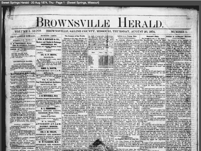 The Sweet Springs Herald, Sweet Springs, MO. 1874.