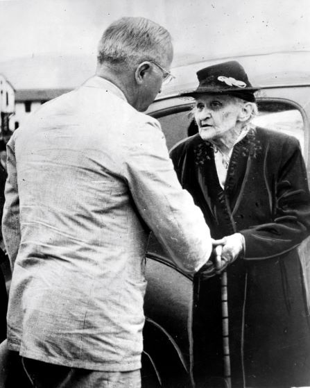 Harry Truman visits his mother, Martha Ellen Truman in Grandview, Missouri, after the Memorial Building press conference in Independence, Missouri.