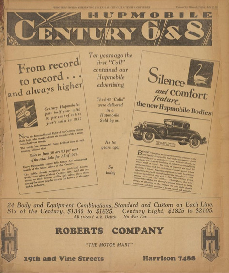 Roberts Motor Co. Advertisement, 19th & Vine Kansas City, MO