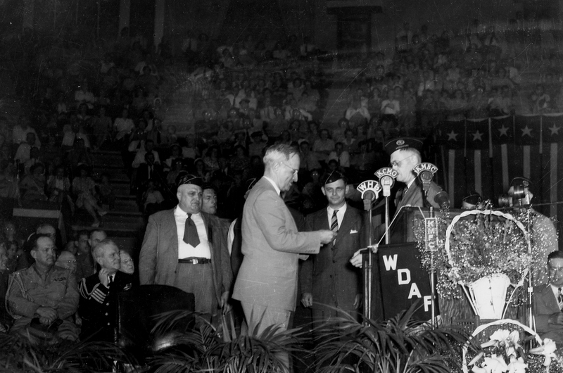 Harry Truman getting ready to speak at the RLDS auditorium on June 27, 1945.  