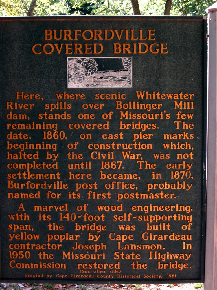 Historical marker for Burfordville Covered Bridge