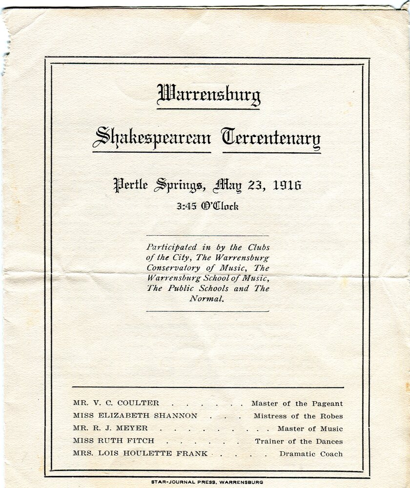 Warrensburg Shakespearean Tercentenary program  May 23, 1916