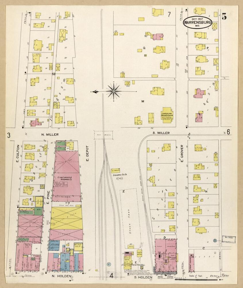 October 1907 Sanborn Fire Insurance map that shows the Hotel Estes in the lower right hand side of the map at the bottom. The dummy line departed directly from the hotel to Pertle Springs after 1905.