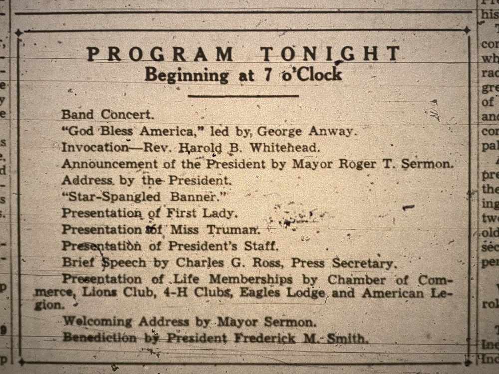 Program printed in the Independence Examiner for Truman's speech at the RLDS Auditorium, June 27, 1945.