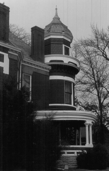Harris House, view from west detail of west facade showing turret, Sedalia Missouri, March 1979
