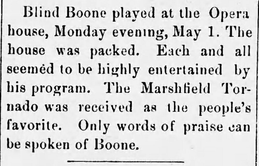 Blind Boone plays at the Magnolia Opera House May 1893