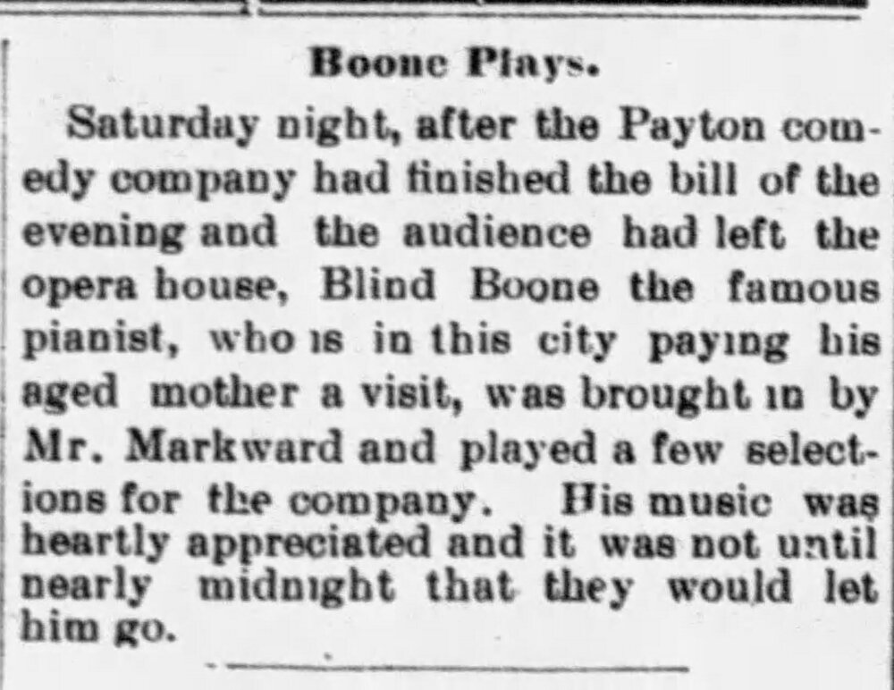 Blind Boone plays at the Magnolia Opera House January 1893