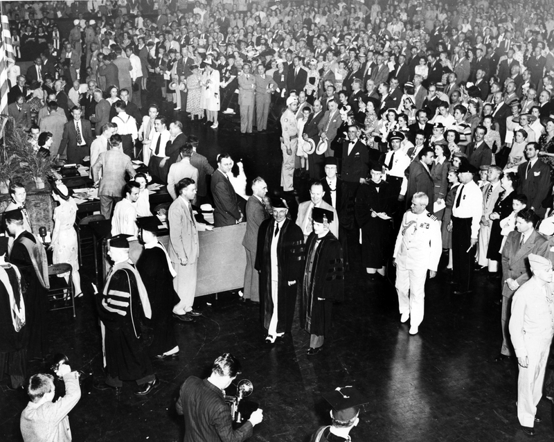 Harry Truman receives honorary doctorate from Kansas City University at Municipal Auditorium June 28, 1945.