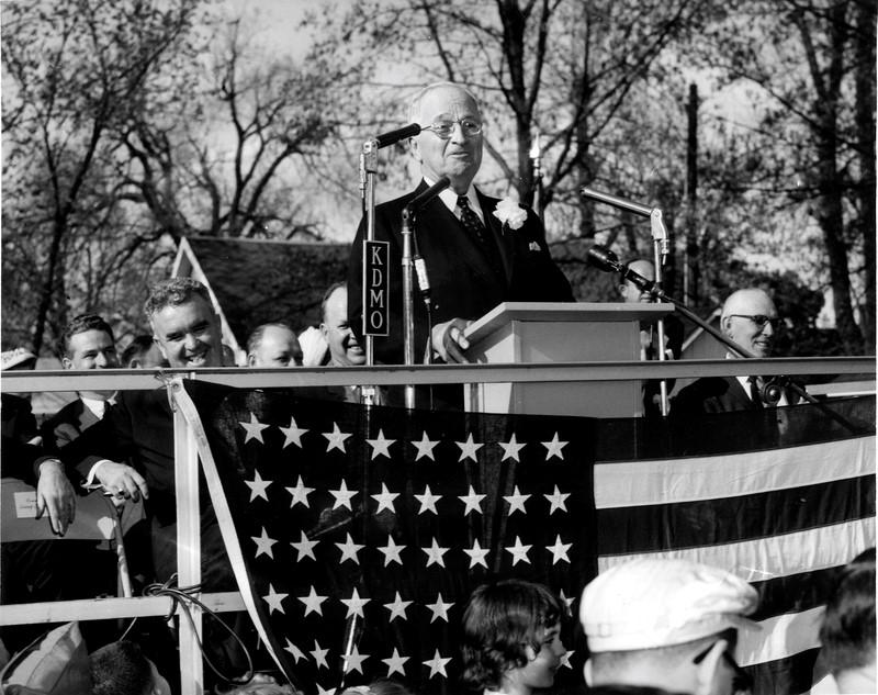 Harry Truman speaks at dedication of Truman Birthplace State Historic Site in Lamar, Missouri, April 19, 1959.