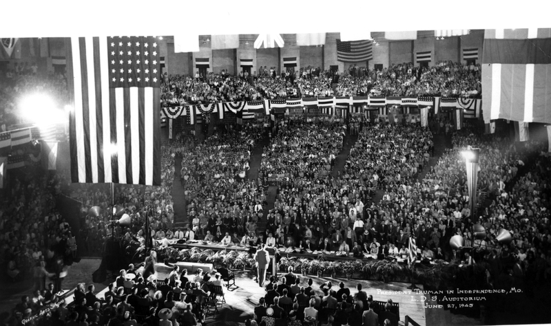 President Harry Truman speaking at the capacity filled RLDS Auditorium on June 27, 1945.