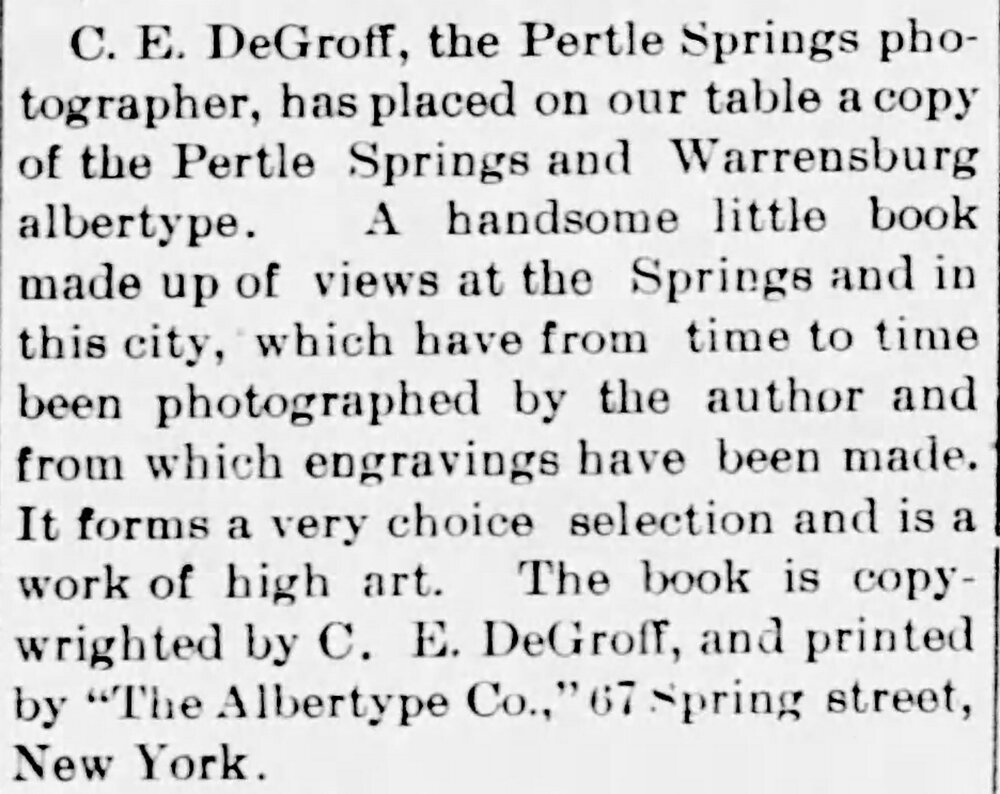 C. E. Degroff publishes Pertle Springs and Warrensburg to signify the importance of Pertle Springs and to market the springs to a wider audience.